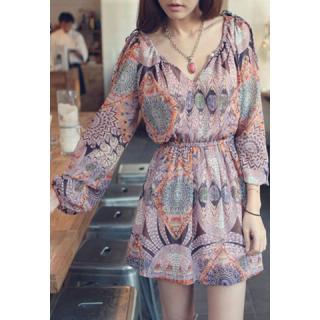 Ladylike Vintage Print Long Sleeve Women's Chiffon Dress 