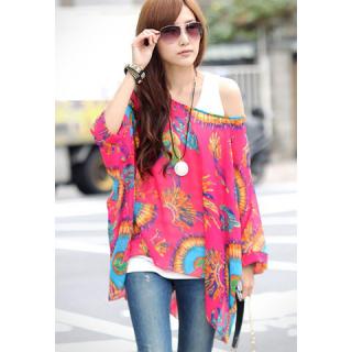 Loose-Fitting Peacock Displays Pattern Batwing Sleeve Women's Chiffon Blouse
