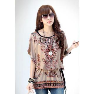 Chiffon Floral Print Scoop Neck Bat-Wing Sleeeves Retro Style Women's Blouse