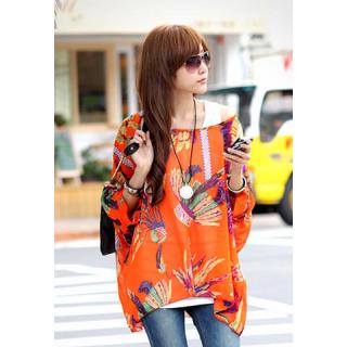 National Style Printing Batwing Sleeve Women's Chiffon Blouse