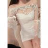 Off-The-Shoulder Voile Splicing 3/4 Sleeves Faux Pearl Fairy Style Chiffon Women's Dress