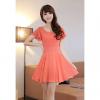 Ladyike Scoop Neck Slimming High Waist Flouncing Puff Cuff Sleeves Solid Color Chiffon Women's Dress 