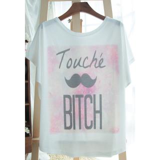 Letter Print Cotton Blend Refreshing Style Scoop Neck Bat-Wing Sleeves Women's T-Shirt