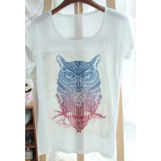 Night Owl Print Sweet Style Cotton Blend Scoop Neck Short Sleeves Women's T-Shirt