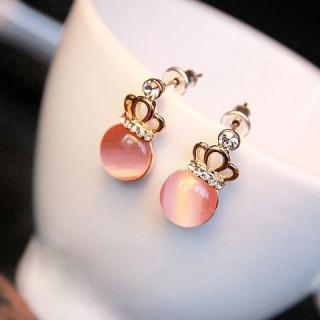 Delicate Solid Color Opal and Rhinestone Embellished Women's Crown Shape Earrings 