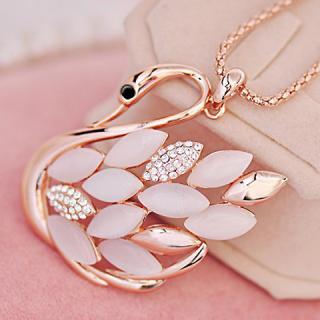 Gorgeous Opal and Rhinestone Embellished Swan Pendant Women's Sweater Chain Necklace