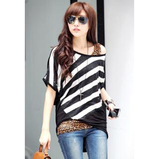 Scoop Neck Sloping Stripe Print Batwing Sleeve Women's Summer Blouse