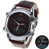 Kontas Waterproof Leather Band Double Movt Watches with Green LED Display and Numbers Time Round Shaped (Dark Brown)