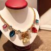 Chic Rhinestoned Colormixed Square Gemstone Embellished Pendant Openwork Alloy Necklace