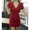 Plunging Casual Slimming Style Solid Color Ruffles Pleated Short Puff Sleeve Cotton Women's Dress