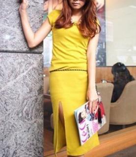 Slimming With Belt Solid Color Open Fork Design Women's Dress