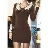 Ladylike V-Neck Long Sleeve Rose Crocheting Flower Pattern Embellished Cotton Dress For Women