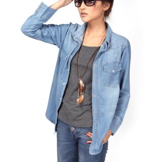 Casual Bleached Washing Solid Color Stud Embellished Denim Women's Blouse
