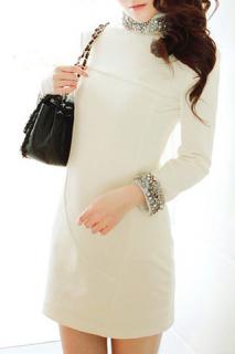 Long Sleeves Turtle Neck Diamante Beam Waist Packet Buttock Casual Women's Dress